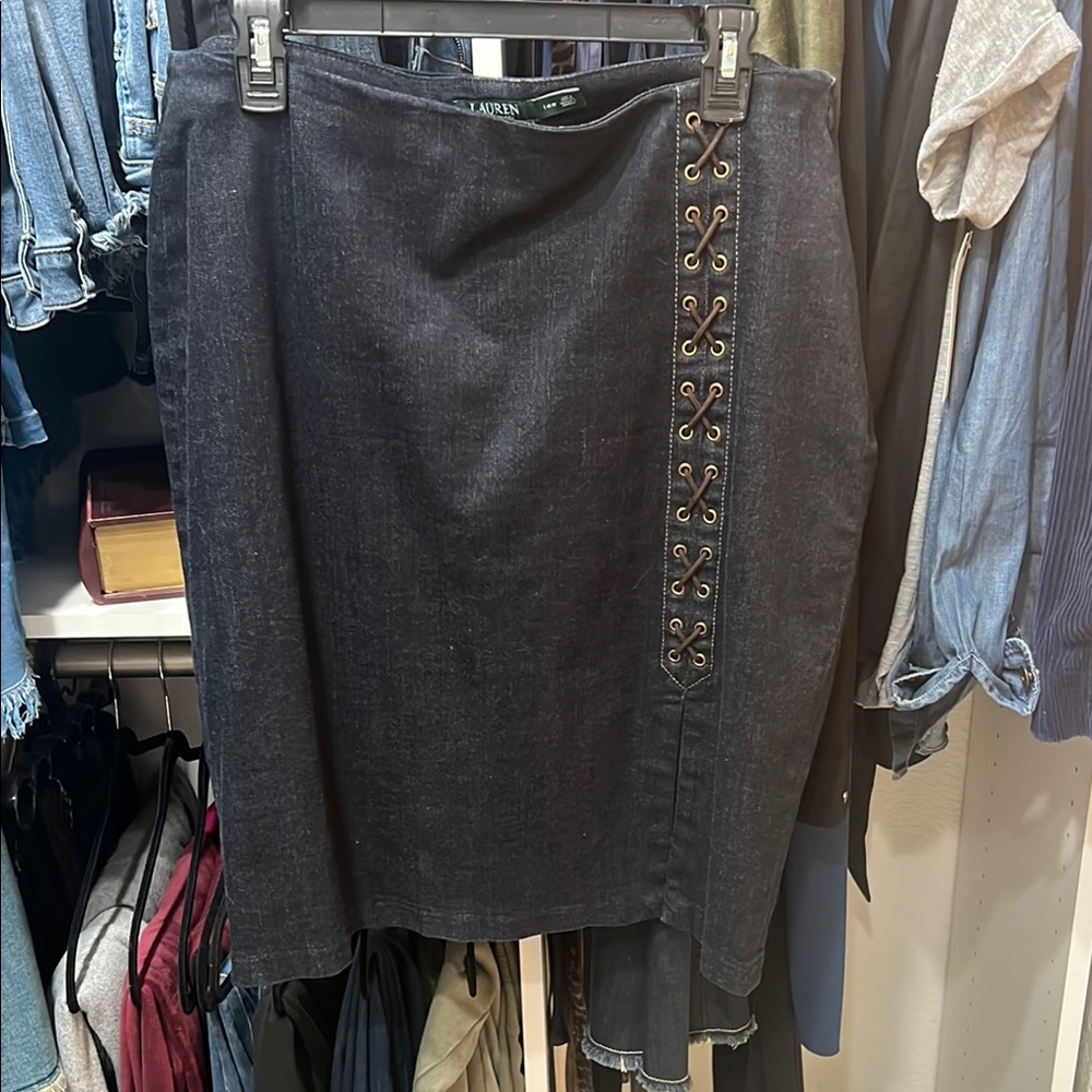 Lauren Ralph Lauren Black Lace-Up Denim Midi Skirt